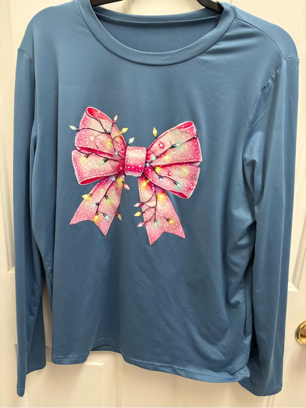 Kids Blue Long-Sleeve Top with Pink Bow Graphic